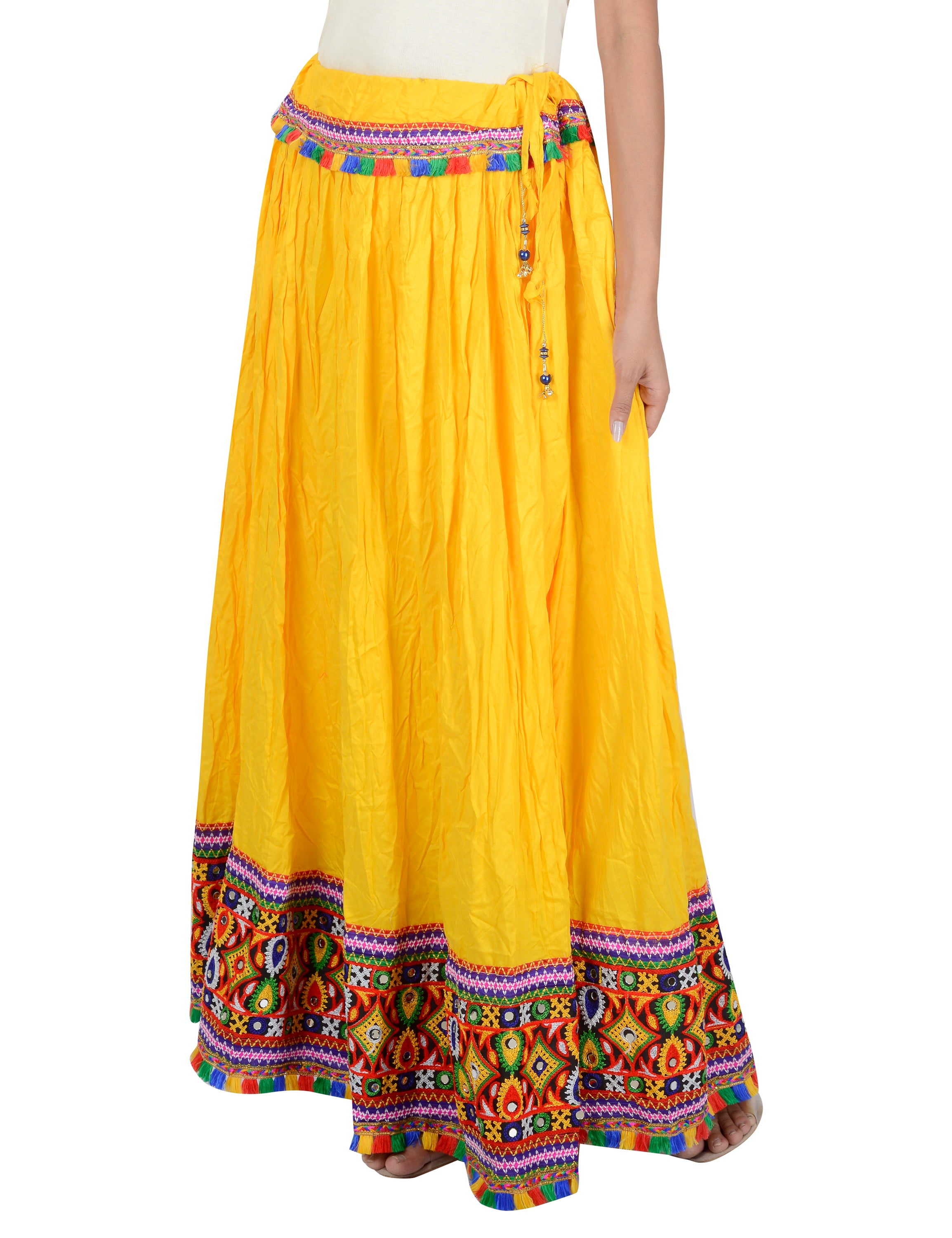 Kutchi Embroidered Border Rayon Skirt/Chaniya - KutchiSkirt-Yellow