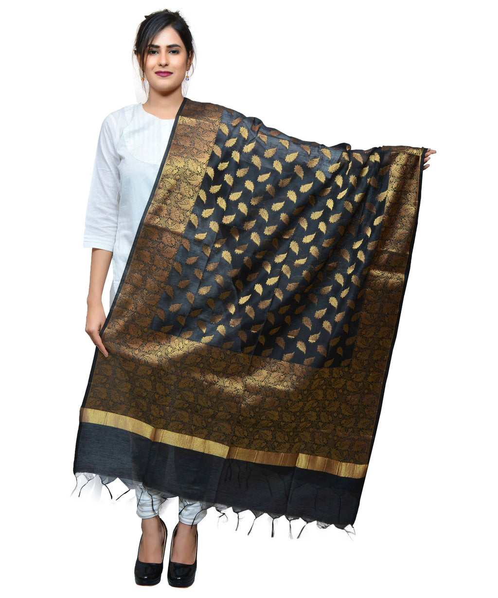 Banarasi Kora Silk Zari Dupatta - Leaf-Black