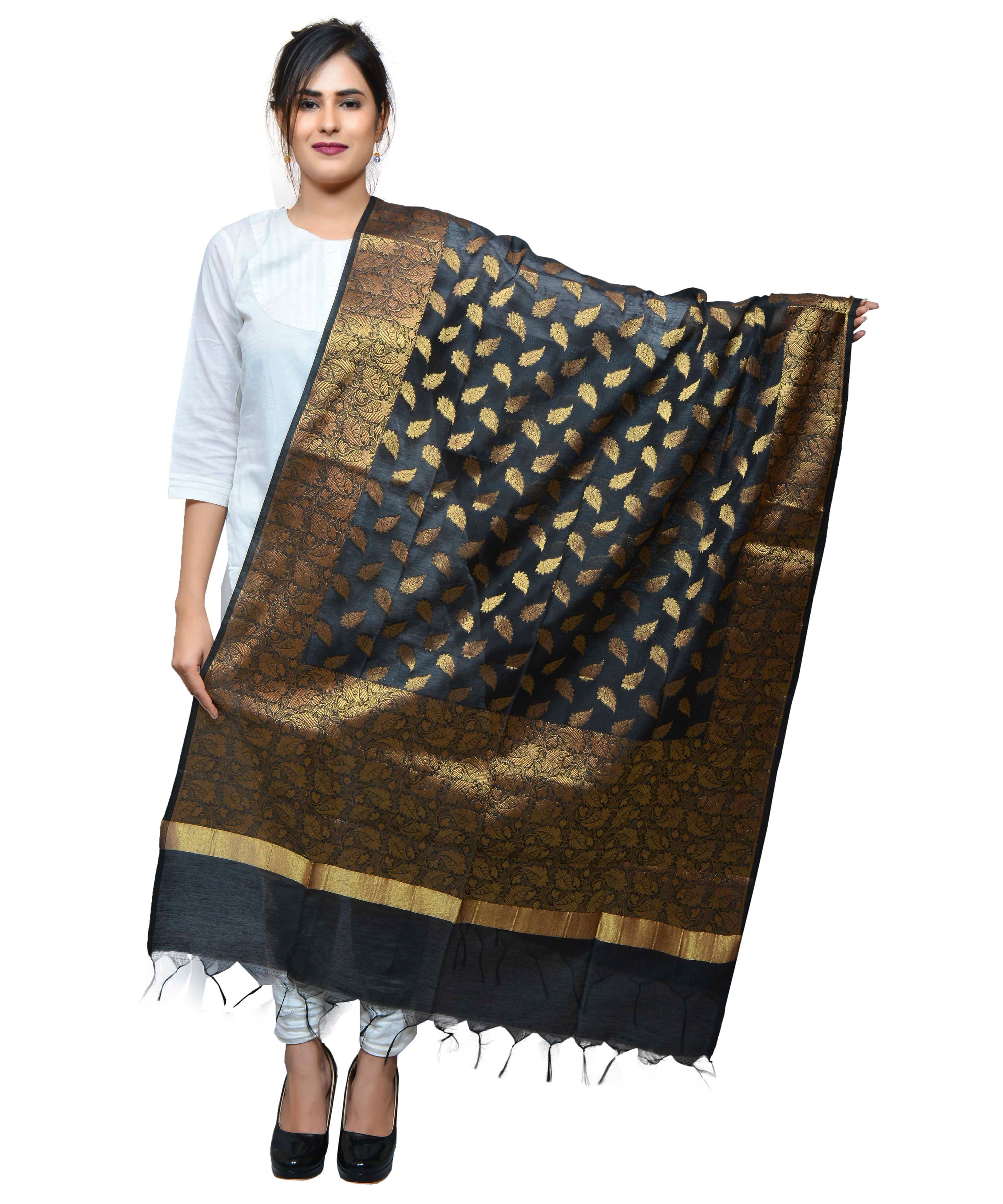 Banarasi Kora Silk Zari Dupatta - Leaf-Black