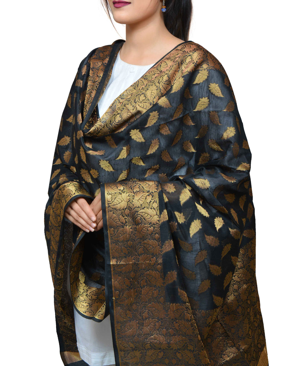 Banarasi Kora Silk Zari Dupatta - Leaf-Black