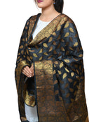 Banarasi Kora Silk Zari Dupatta - Leaf-Black