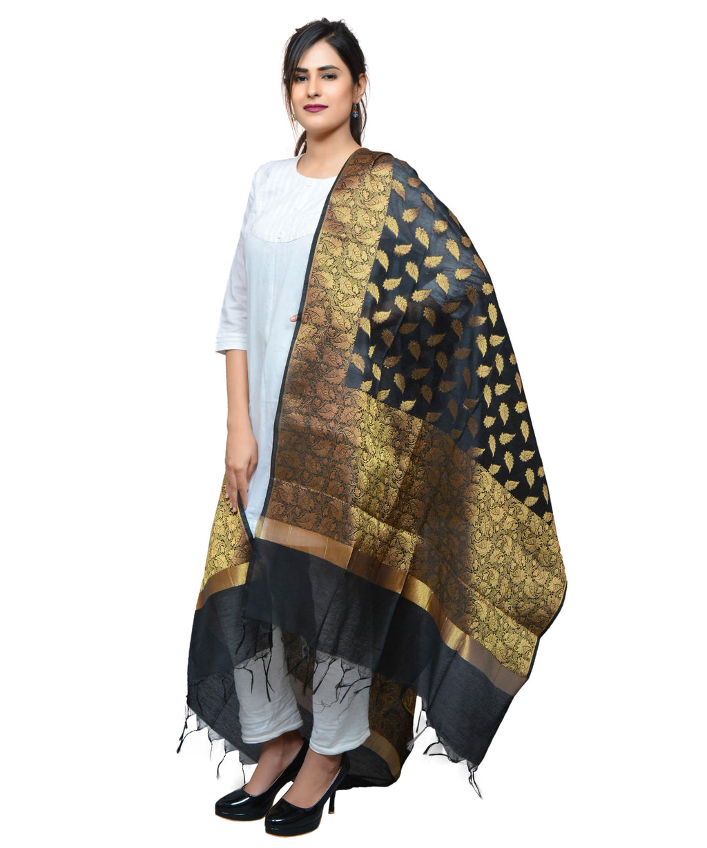 Banarasi Kora Silk Zari Dupatta - Leaf-Black