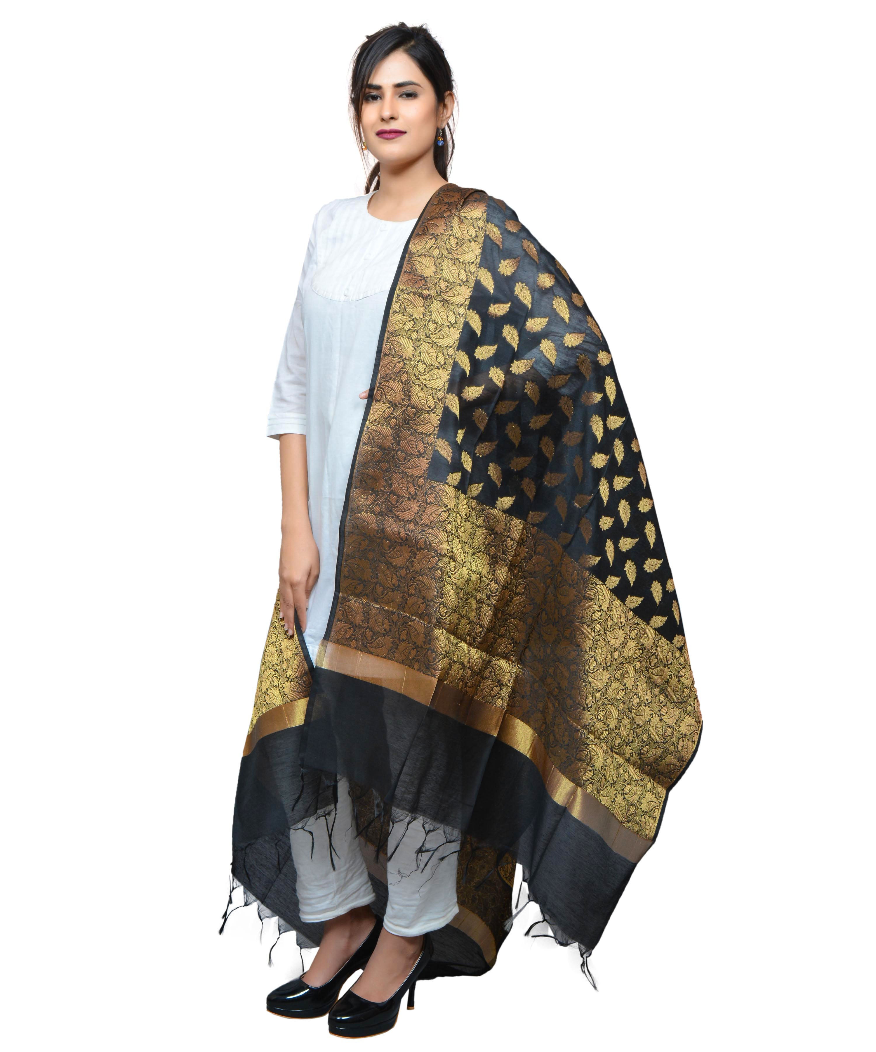 Banarasi Kora Silk Zari Dupatta - Leaf-Black