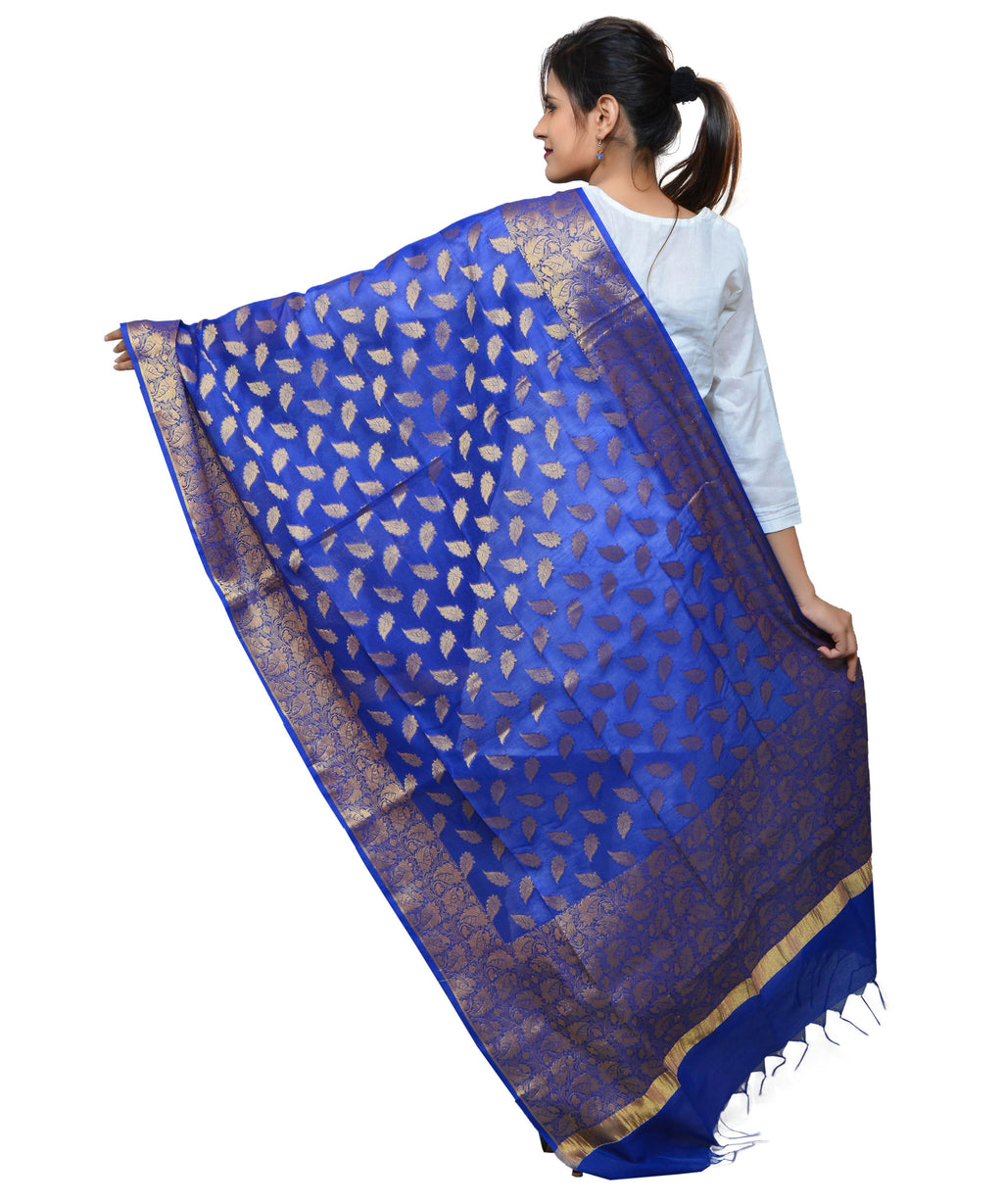 Banarasi Kora Silk Zari Dupatta - Leaf-Blue