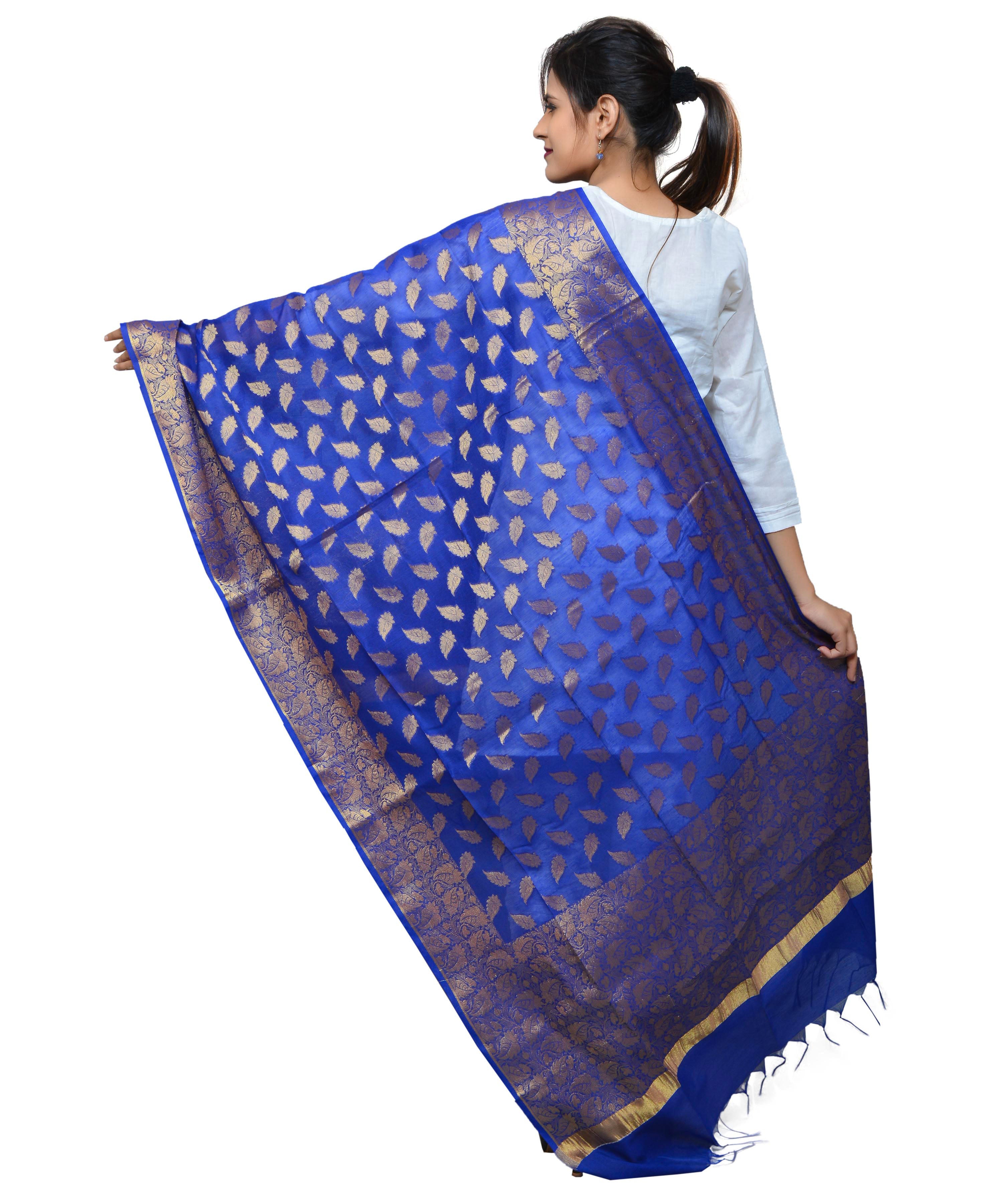 Banarasi Kora Silk Zari Dupatta - Leaf-Blue