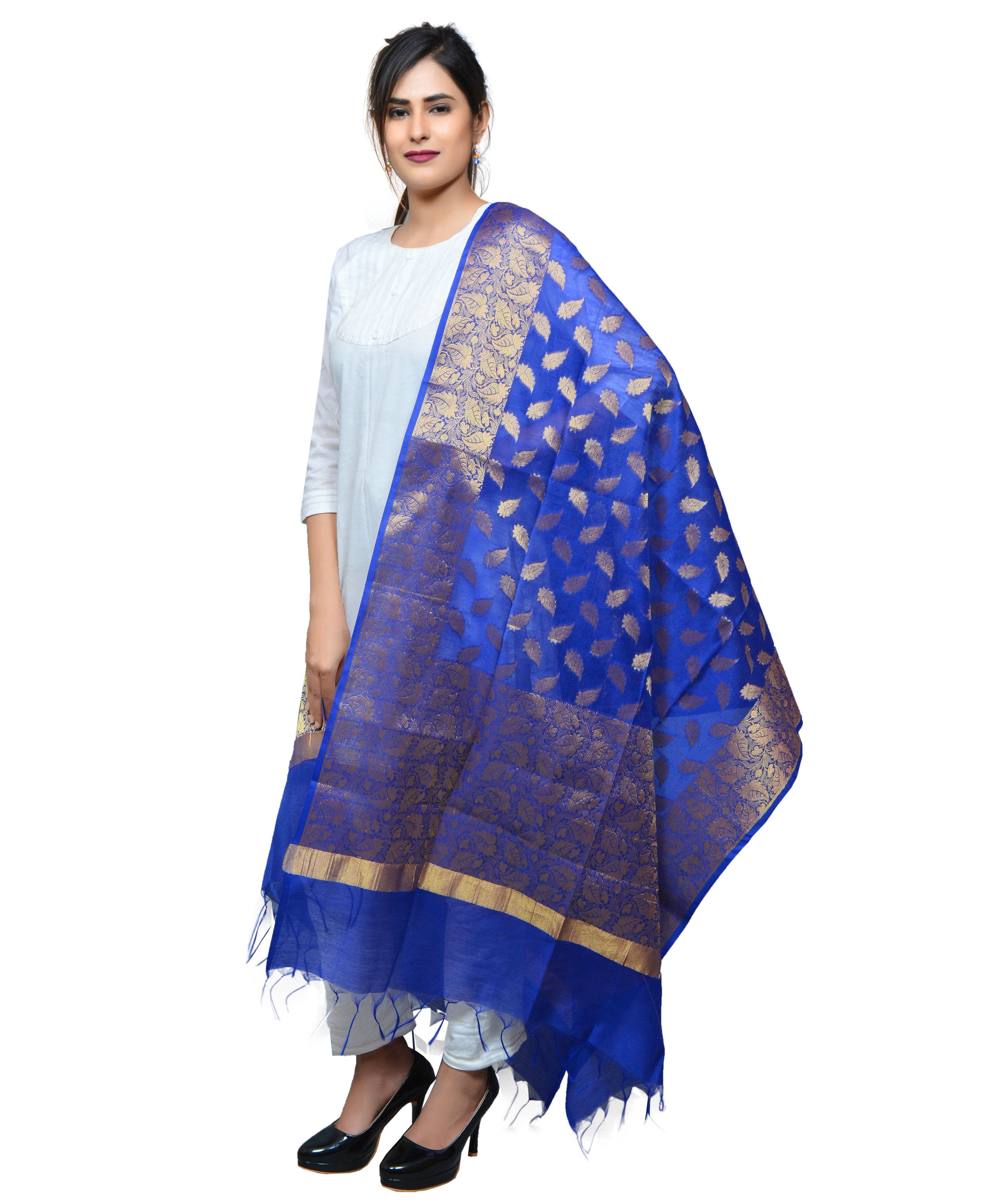 Banarasi Kora Silk Zari Dupatta - Leaf-Blue