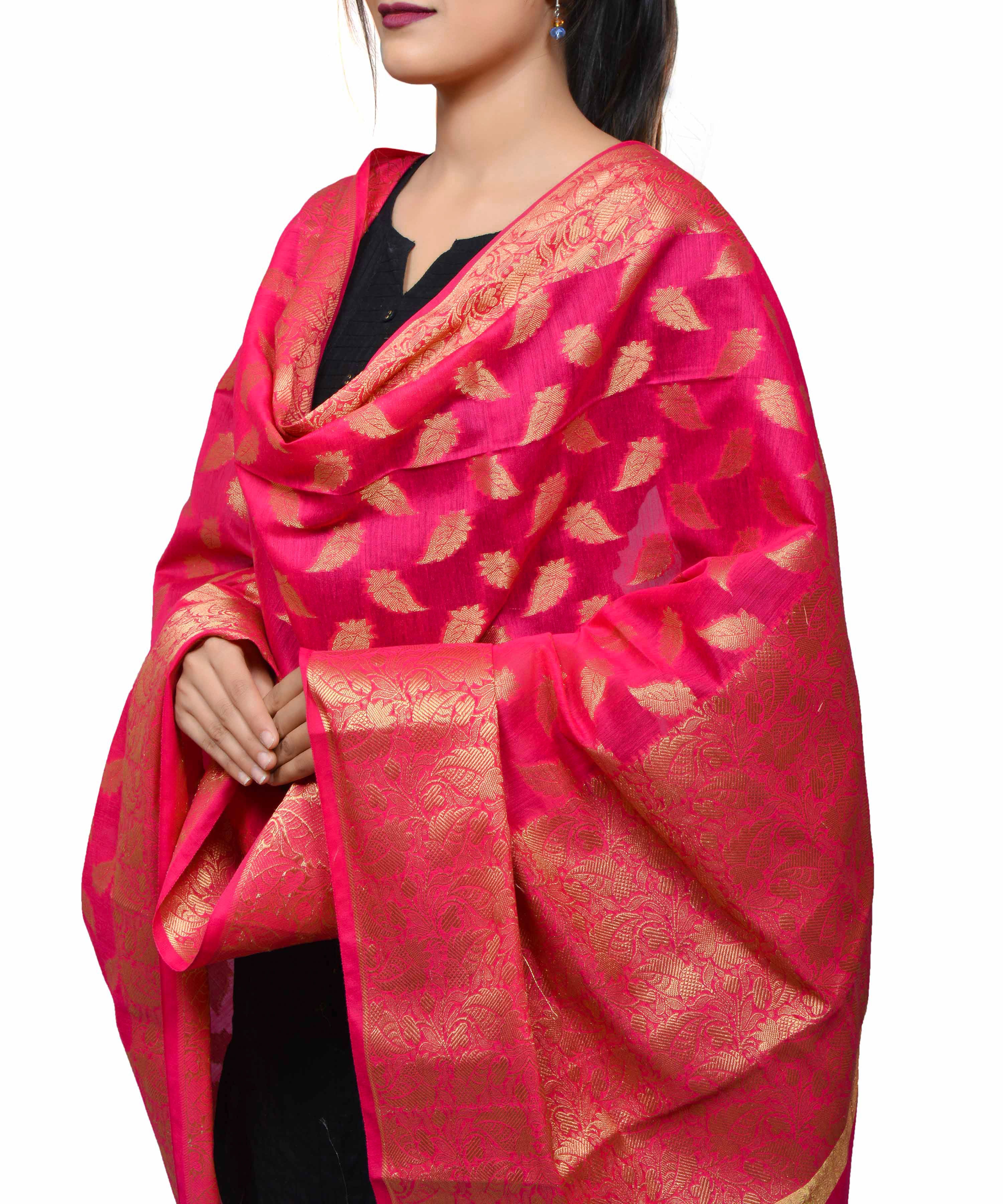 Banarasi Kora Silk Zari Dupatta - Leaf-Pink