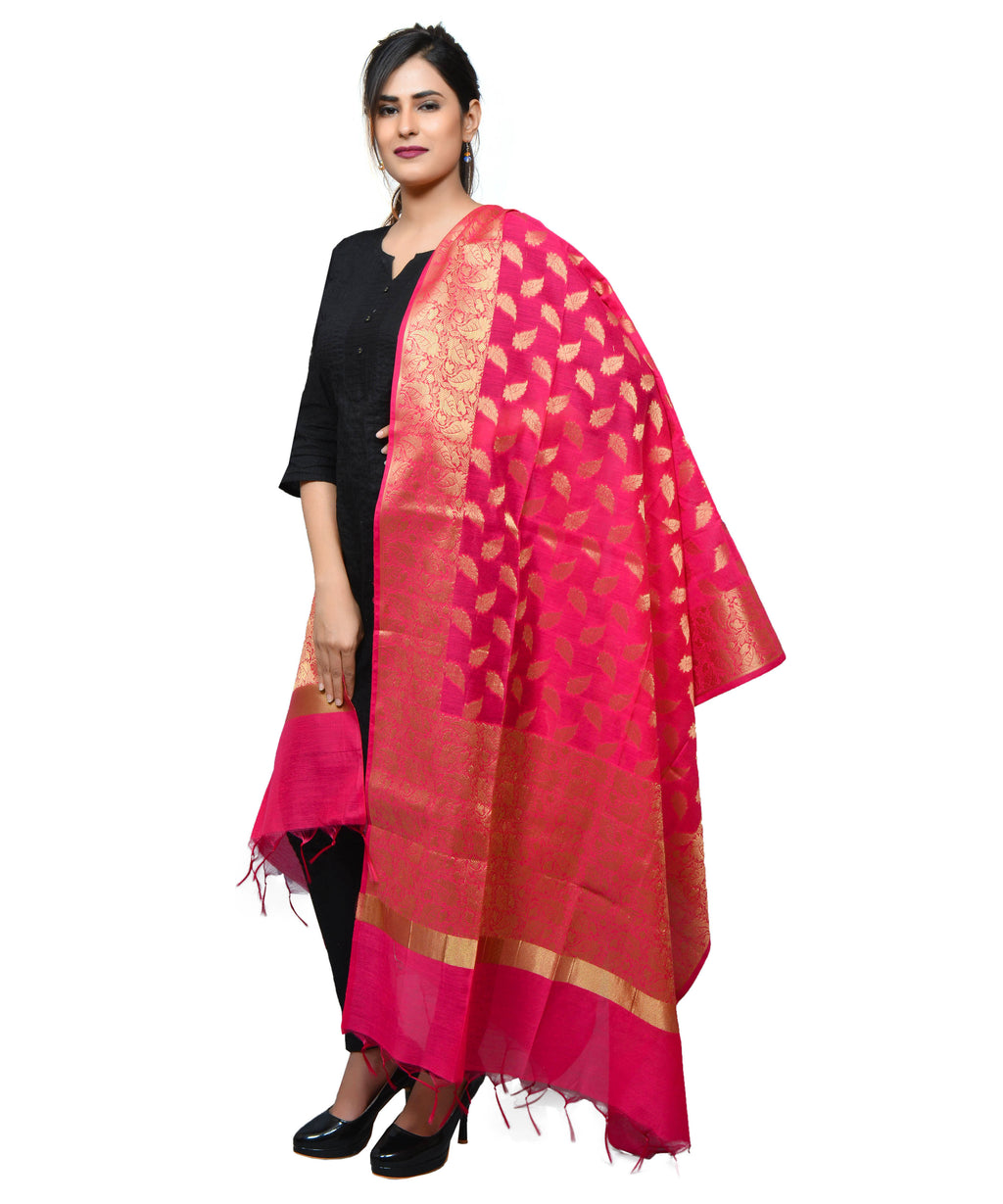 Banarasi Kora Silk Zari Dupatta - Leaf-Pink