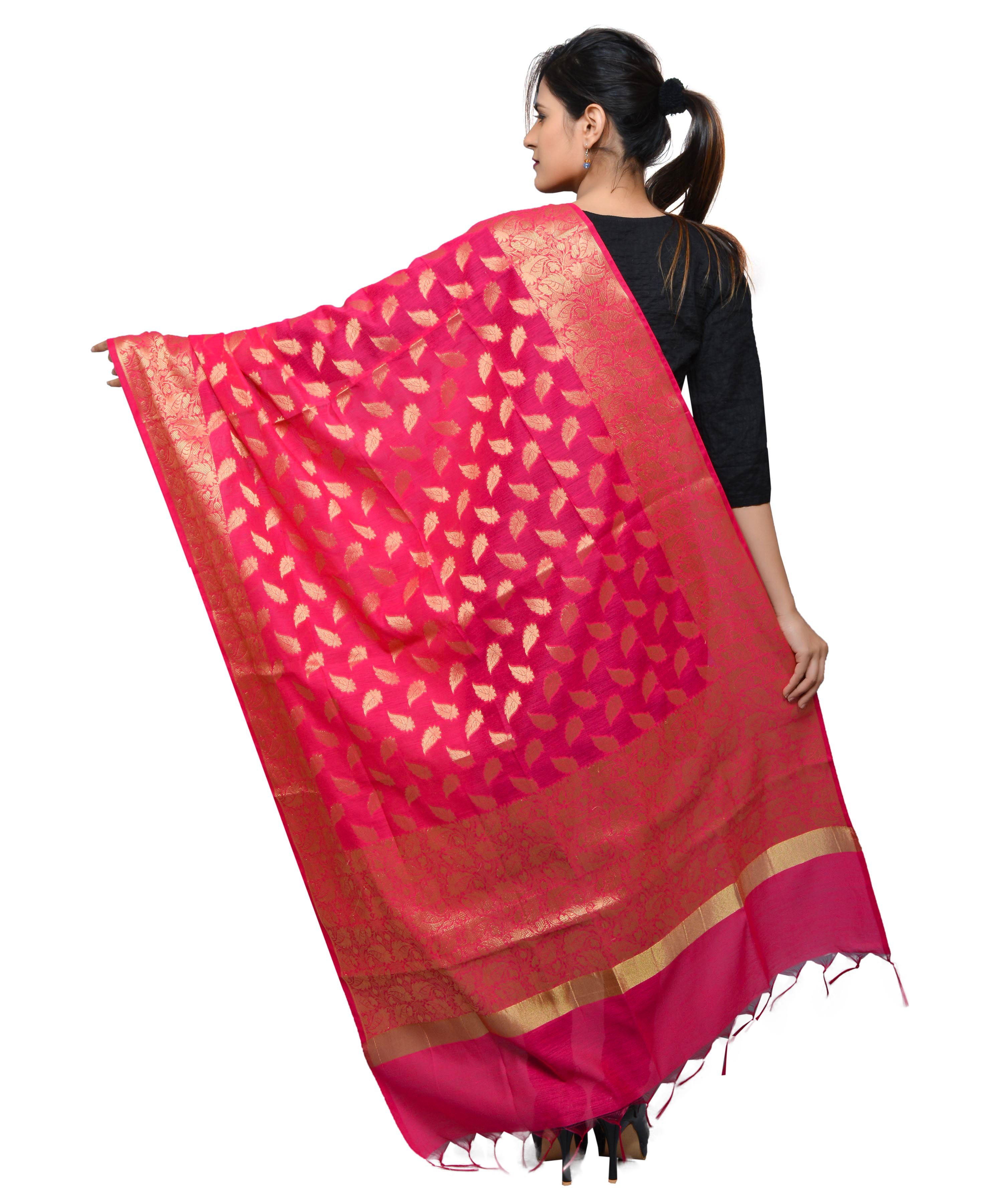 Banarasi Kora Silk Zari Dupatta - Leaf-Pink