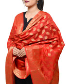 Banarasi Kora Silk Zari Dupatta - Leaf- Red