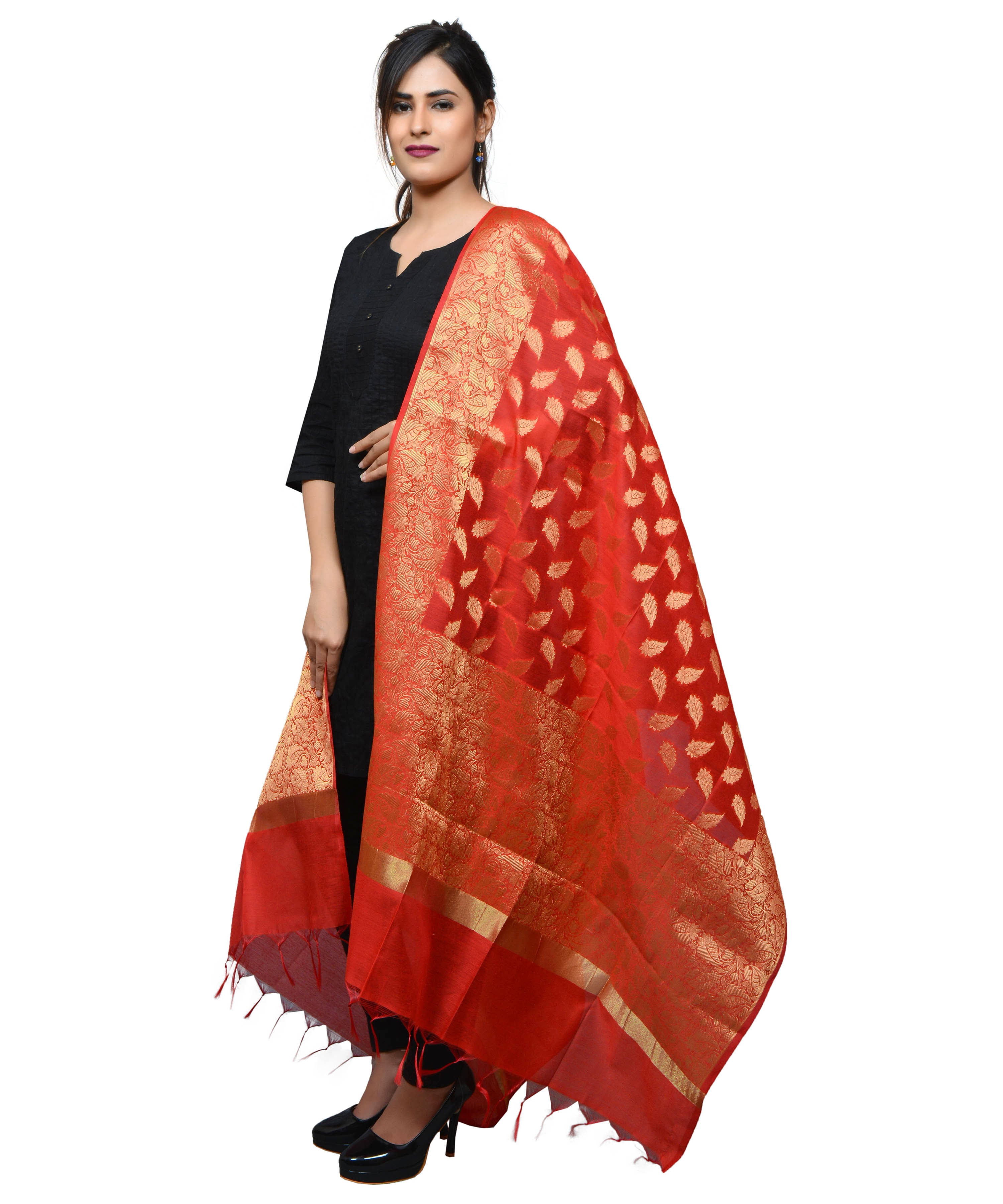 Banarasi Kora Silk Zari Dupatta - Leaf- Red