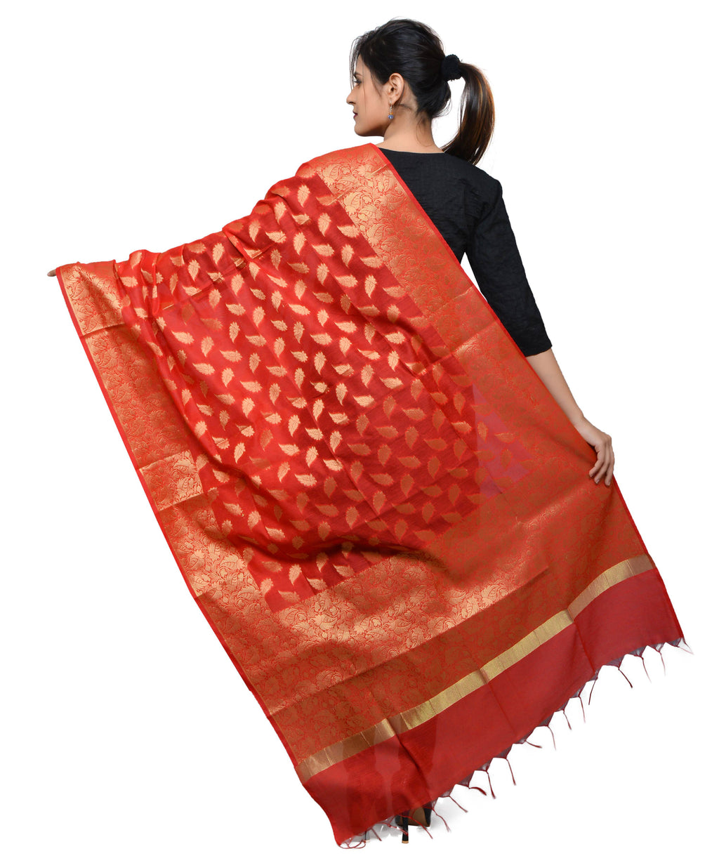 Banarasi Kora Silk Zari Dupatta - Leaf- Red
