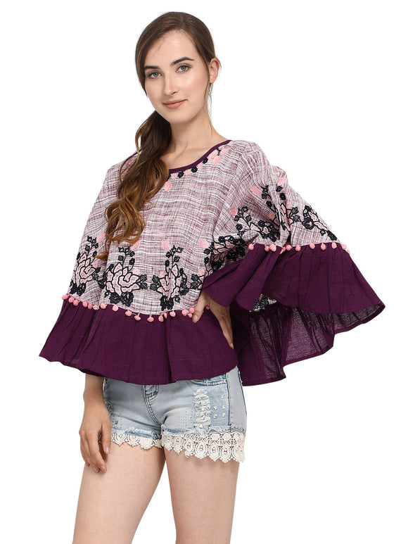 Purple Frill Slub Handloom Cotton Poncho (MF1200)