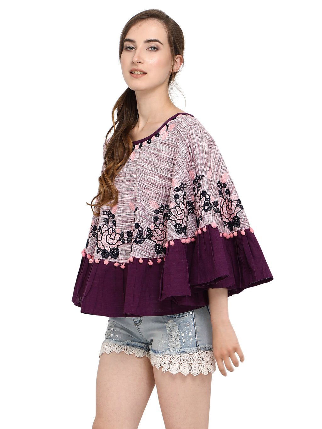 Purple Frill Slub Handloom Cotton Poncho (MF1200)