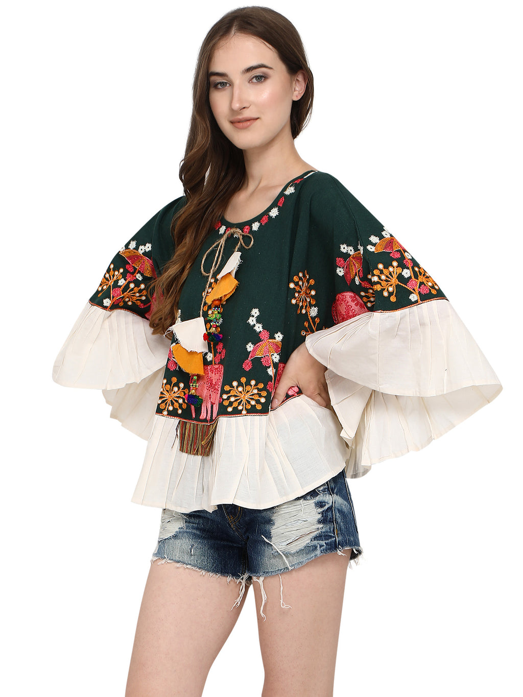 Elephant Embroidered Deep Green Handloom Cotton Circular Poncho (MF1202)
