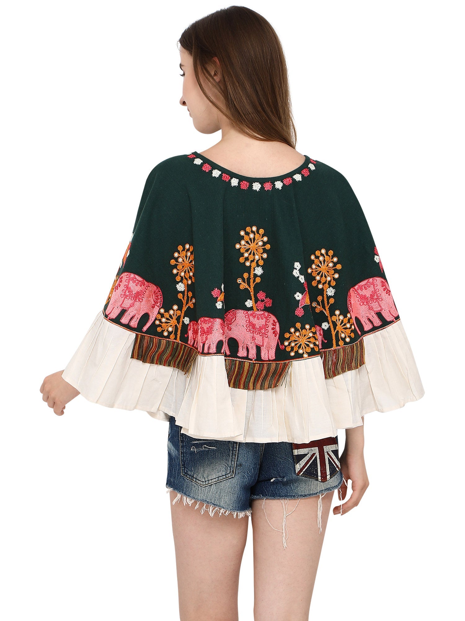 Elephant Embroidered Deep Green Handloom Cotton Circular Poncho (MF1202)