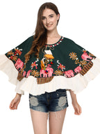 Elephant Embroidered Deep Green Handloom Cotton Circular Poncho (MF1202)