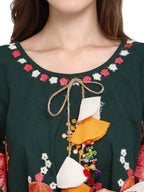 Elephant Embroidered Deep Green Handloom Cotton Circular Poncho (MF1202)