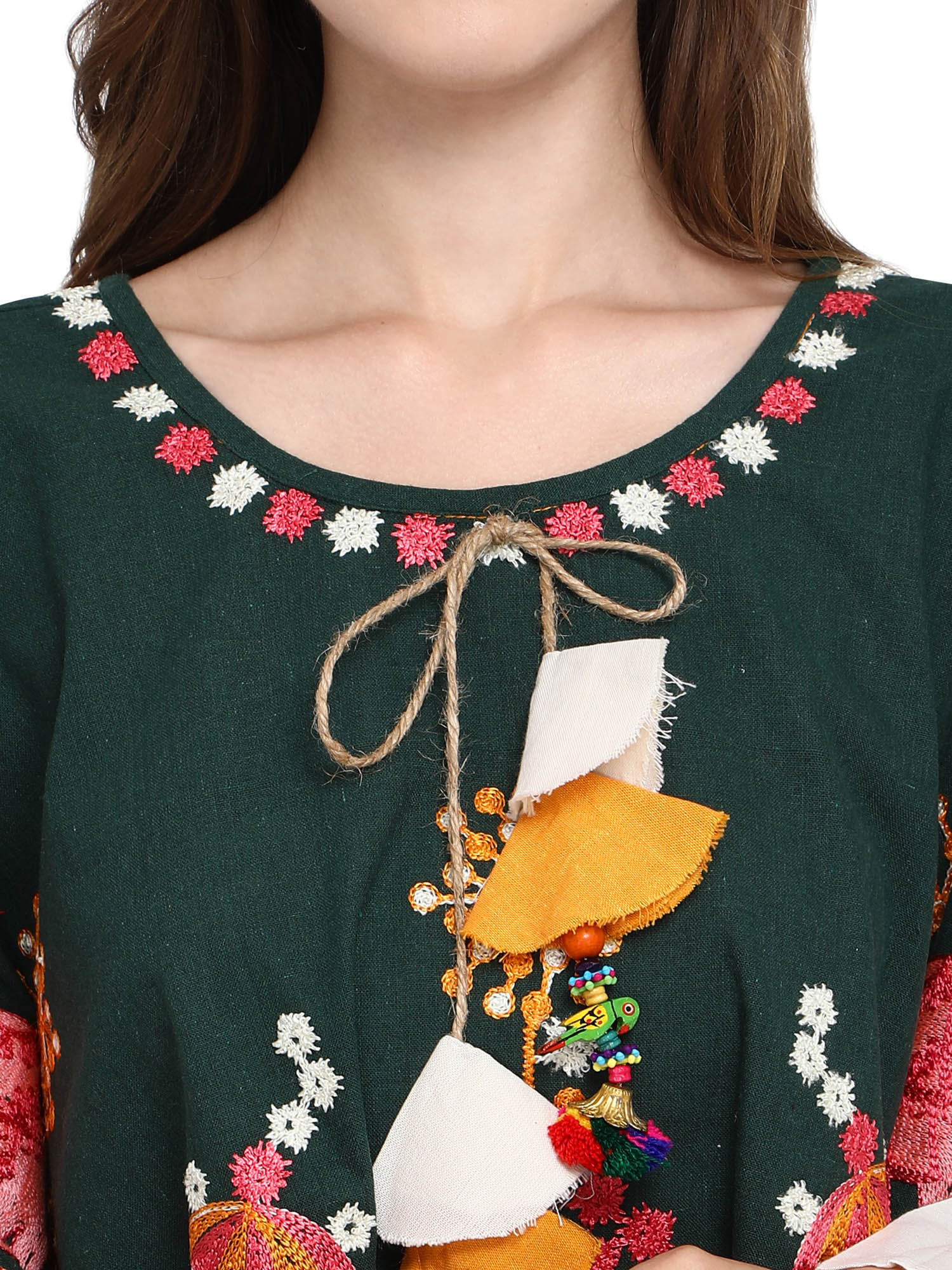 Elephant Embroidered Deep Green Handloom Cotton Circular Poncho (MF1202)