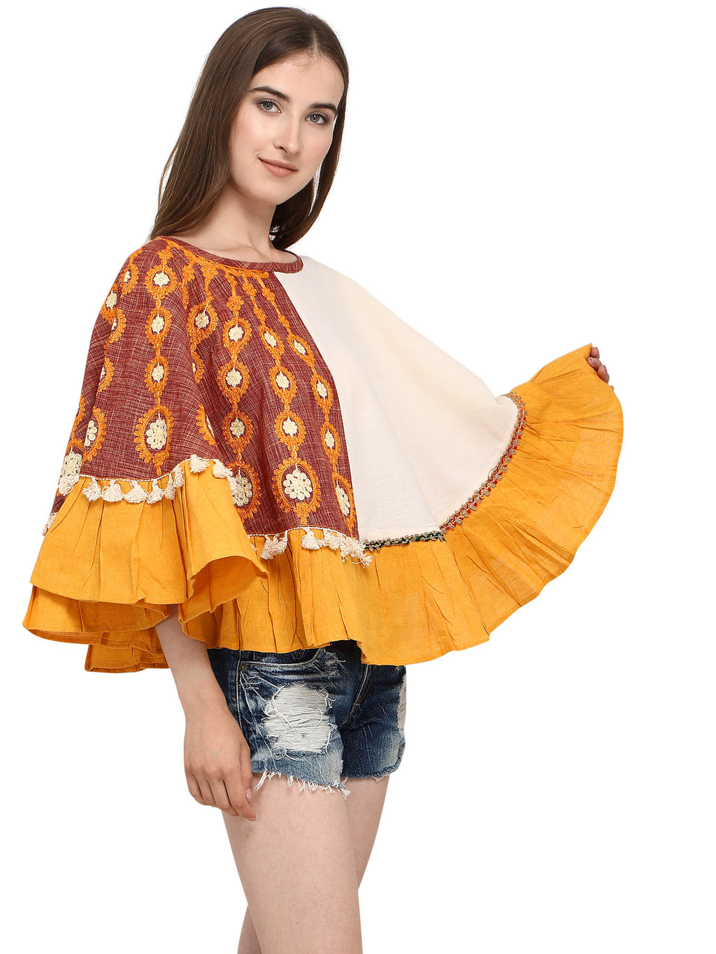 One-Sided Embroidered Rust zam-zam Poncho (MF1207)