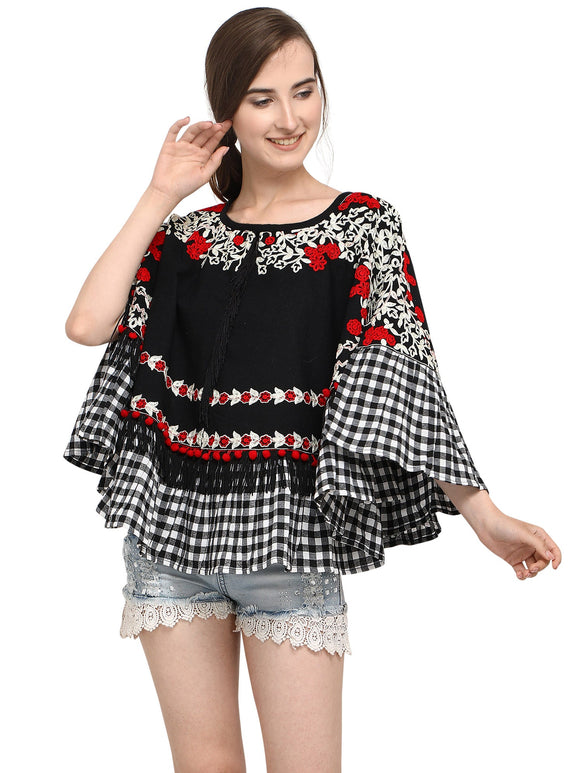 Black Circular Embroidered Handloom Cotton poncho with chex (MF1208)