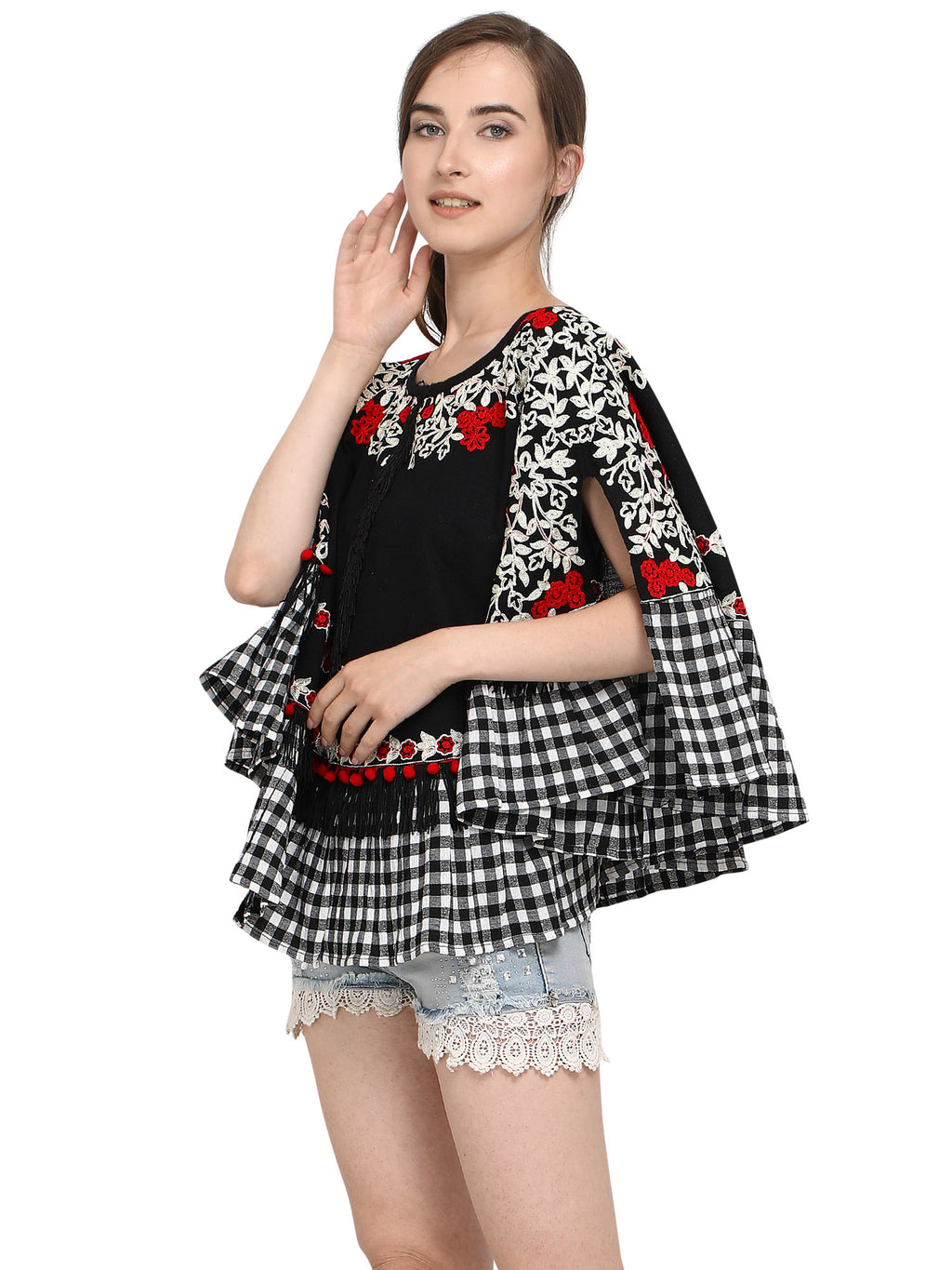 Black Circular Embroidered Handloom Cotton poncho with chex (MF1208)