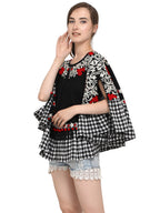 Black Circular Embroidered Handloom Cotton poncho with chex (MF1208)