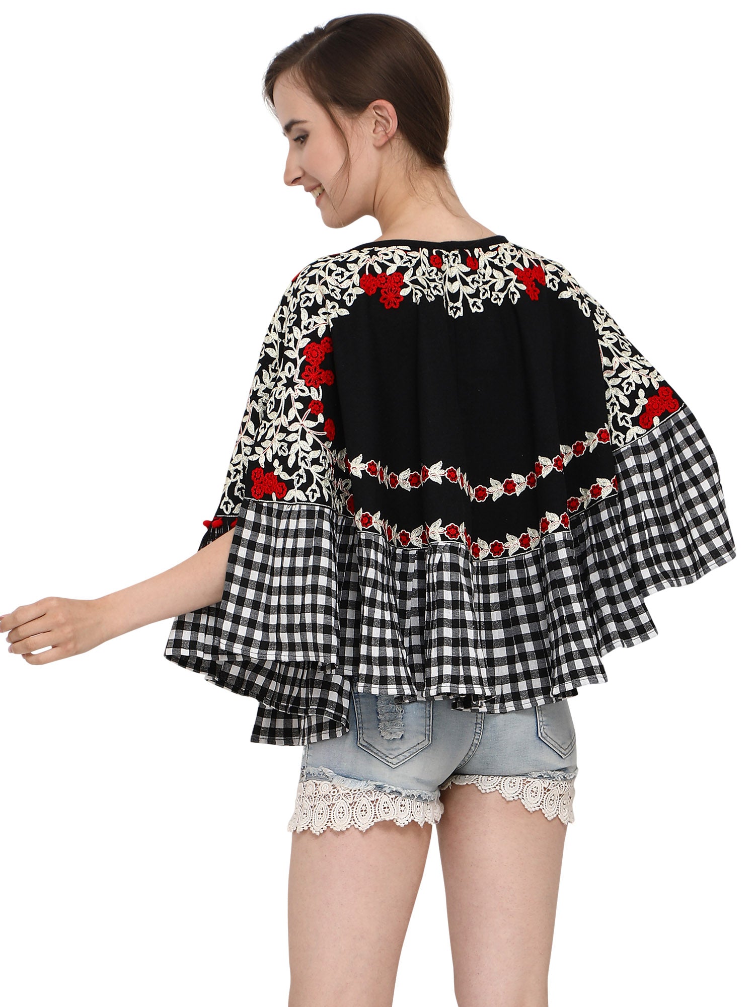 Black Circular Embroidered Handloom Cotton poncho with chex (MF1208)