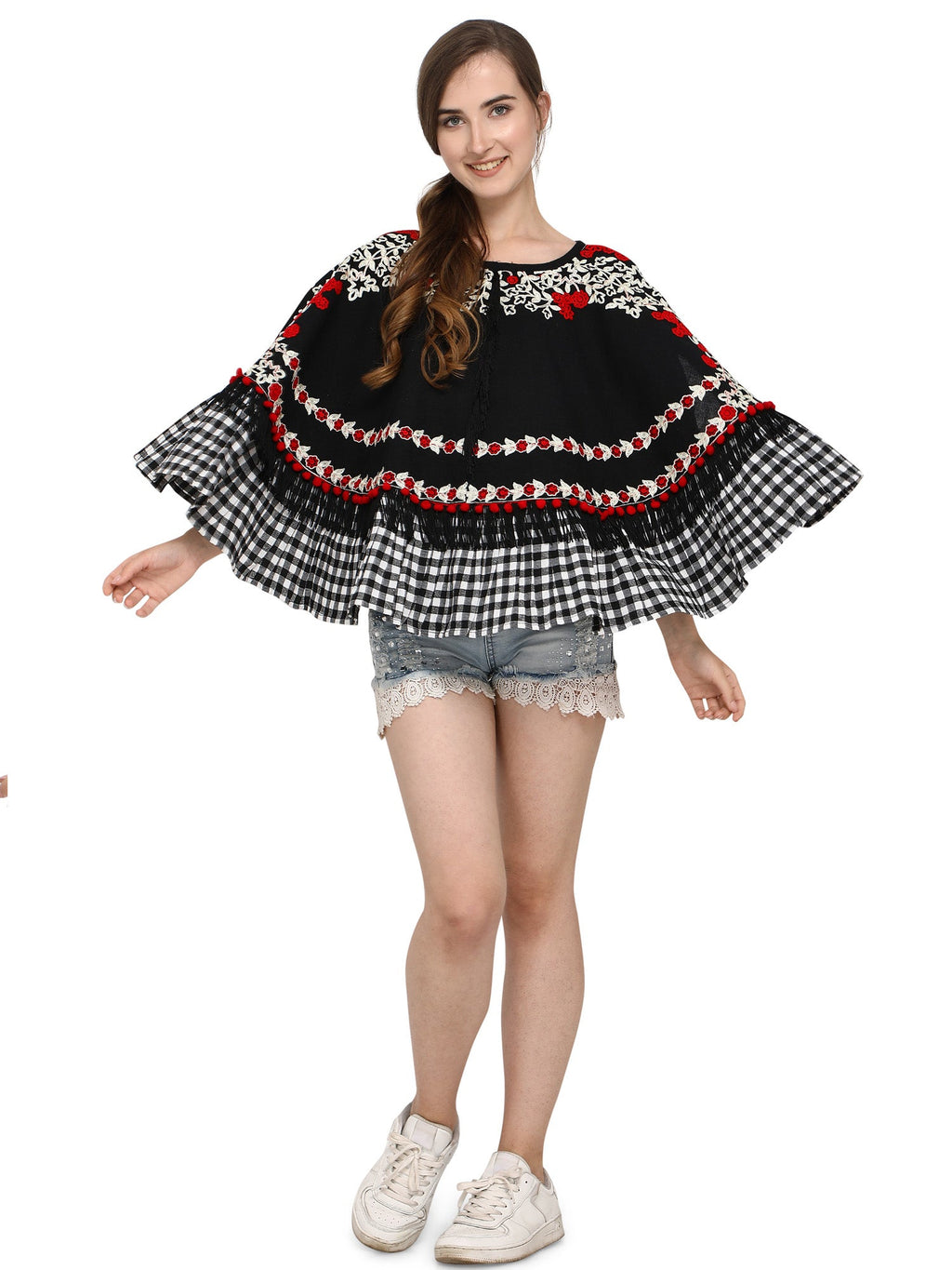 Black Circular Embroidered Handloom Cotton poncho with chex (MF1208)