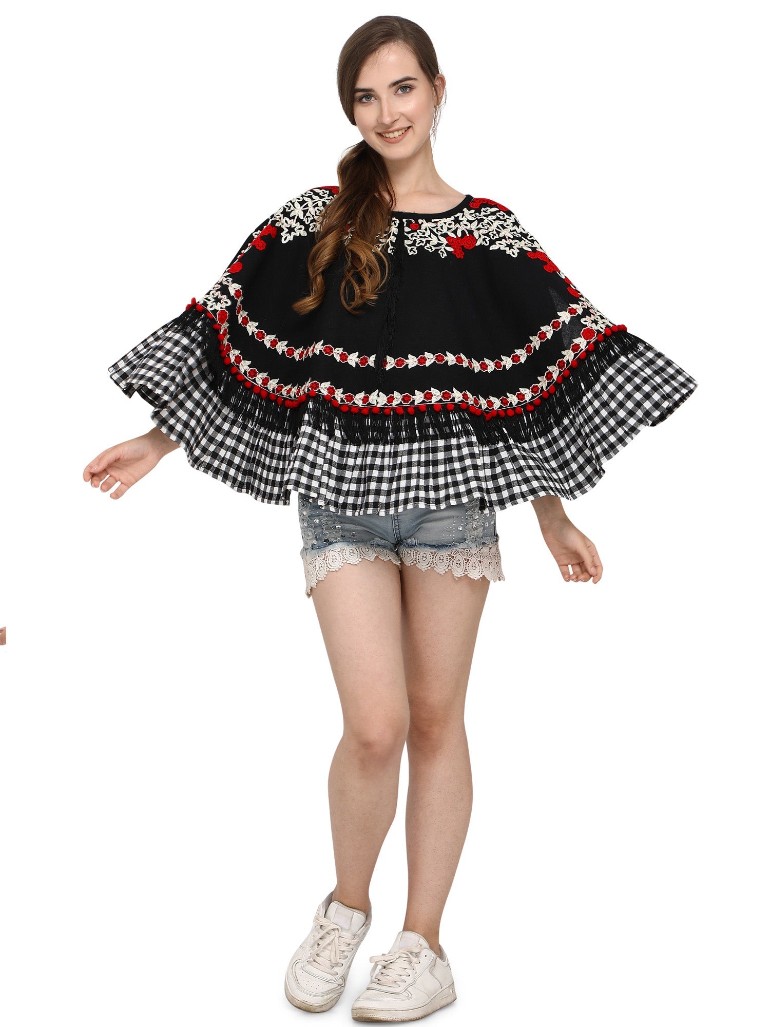 Black Circular Embroidered Handloom Cotton poncho with chex (MF1208)