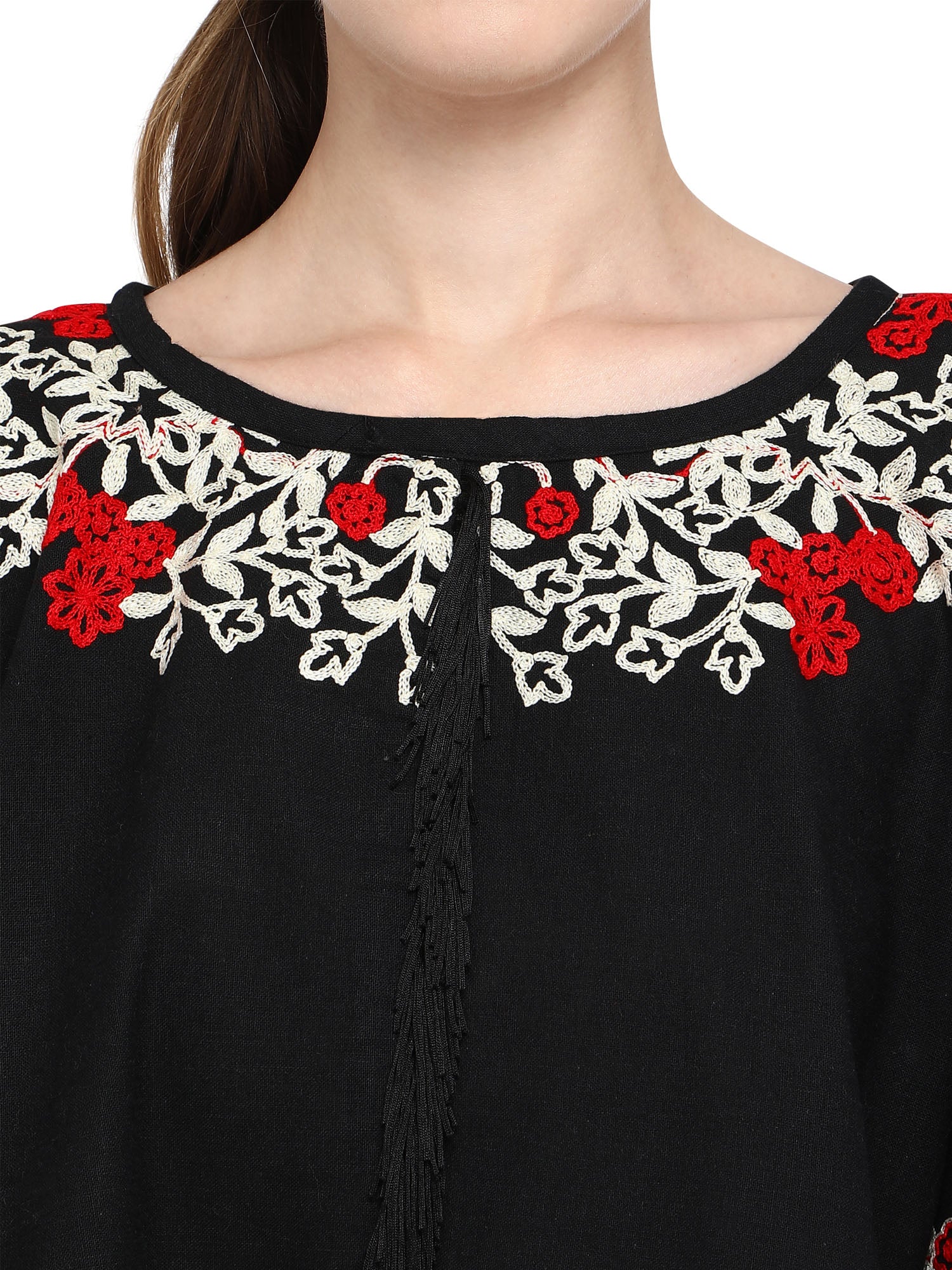 Black Circular Embroidered Handloom Cotton poncho with chex (MF1208)