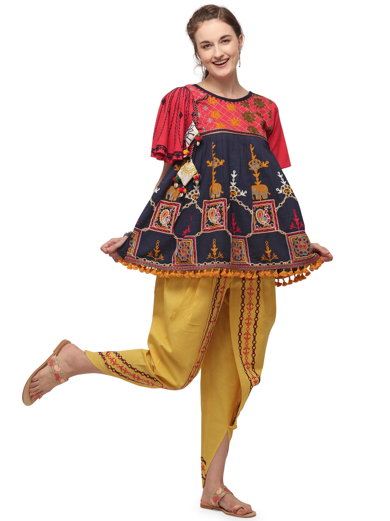 Navy blue Handloom Cotton Embroidered kedia with one side umbrella sleeve and tulip pants set (MF1500)