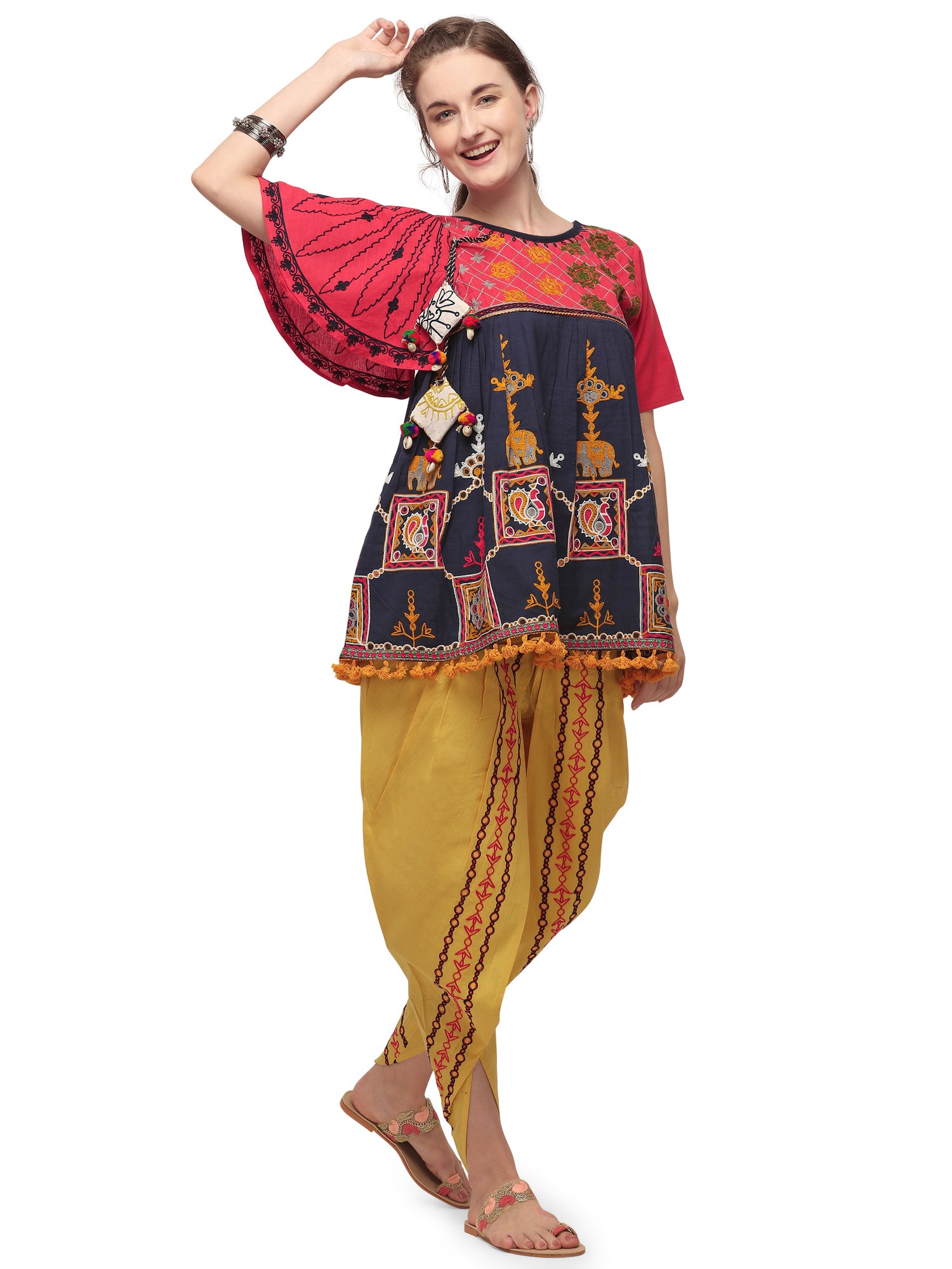 Navy blue Handloom Cotton Embroidered kedia with one side umbrella sleeve and tulip pants set (MF1500)