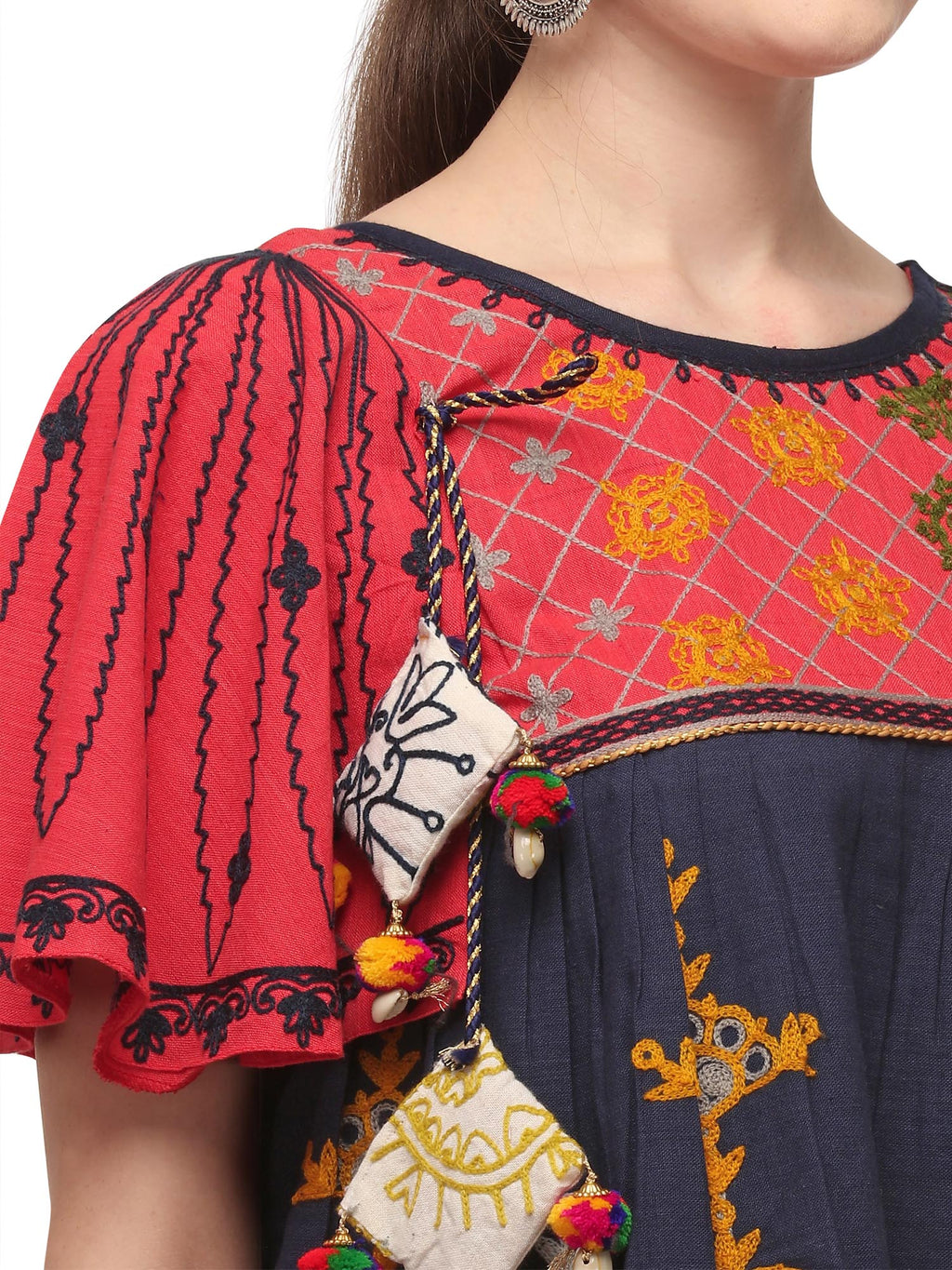 Navy blue Handloom Cotton Embroidered kedia with one side umbrella sleeve and tulip pants set (MF1500)