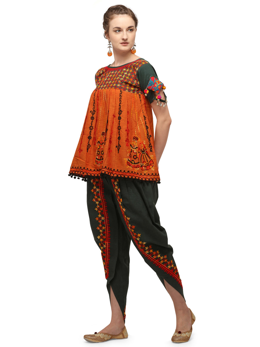 Deep green and orange rajathani dhingli couple embroidered kedia and tulip pants set (MF1501)