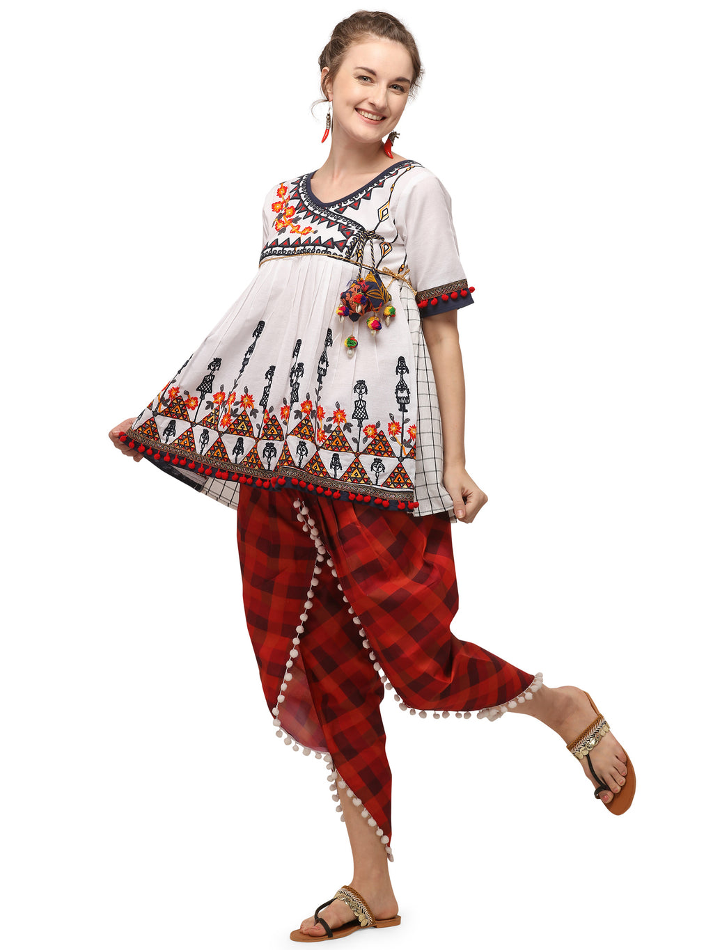 Pure white angarkha yoke dhingli embroidered kedia and chex tulip pants set (MF1503)