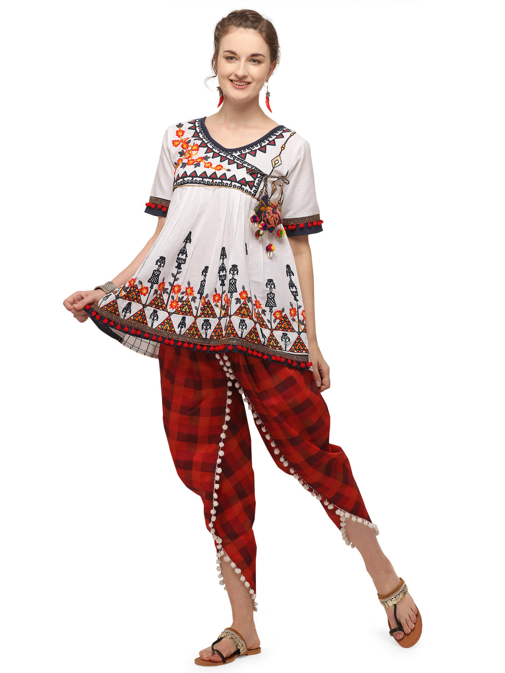 Pure white angarkha yoke dhingli embroidered kedia and chex tulip pants set (MF1503)