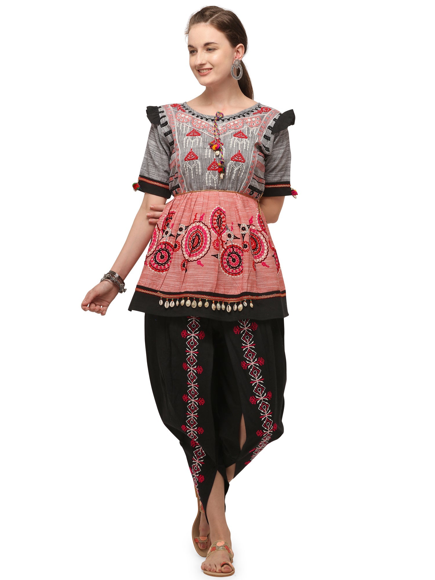 Peach and grey yoke tiny chandilier embroidered Handloom Cotton kedia and black tulip pants set (MF1504)
