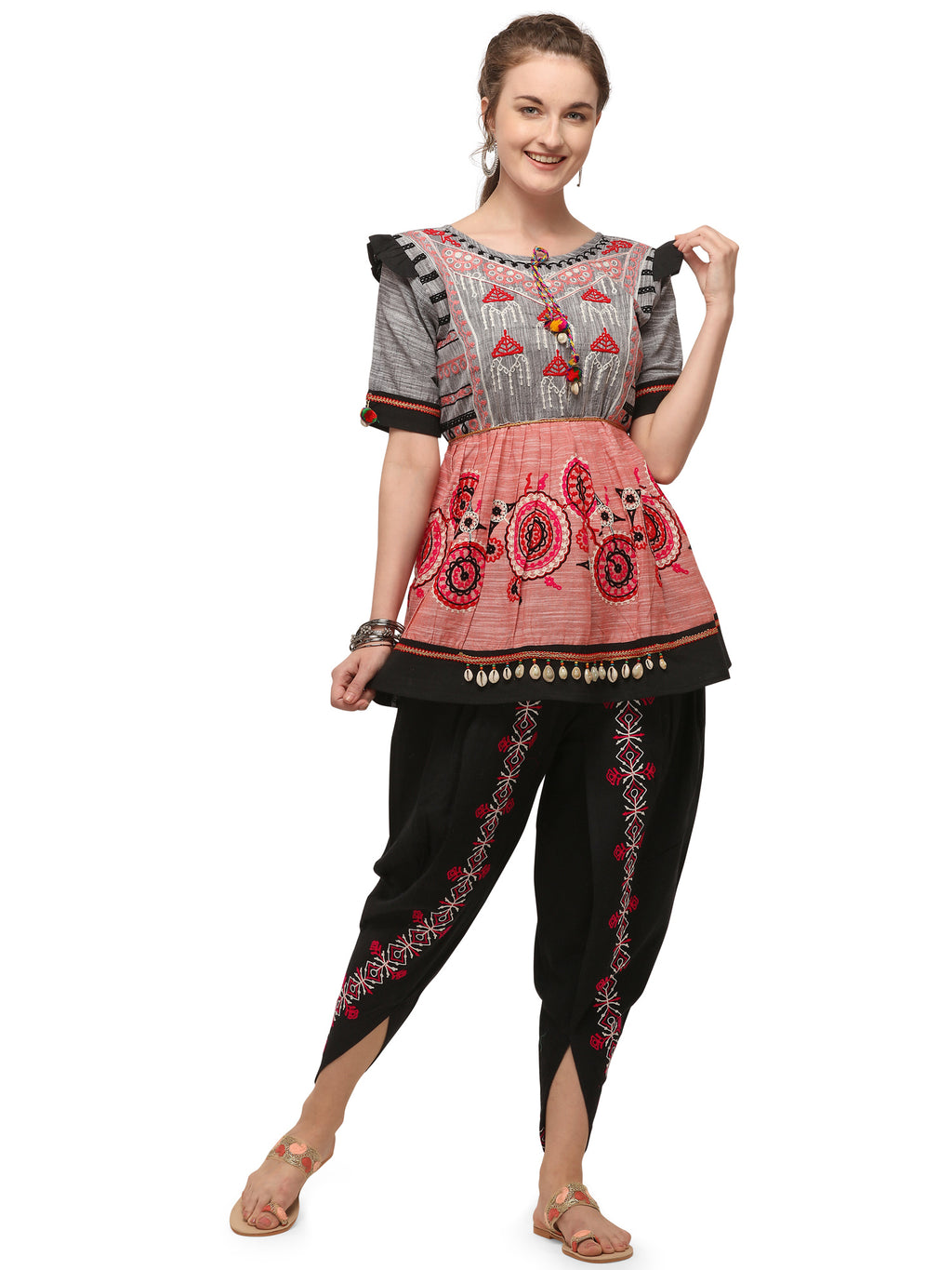 Peach and grey yoke tiny chandilier embroidered Handloom Cotton kedia and black tulip pants set (MF1504)