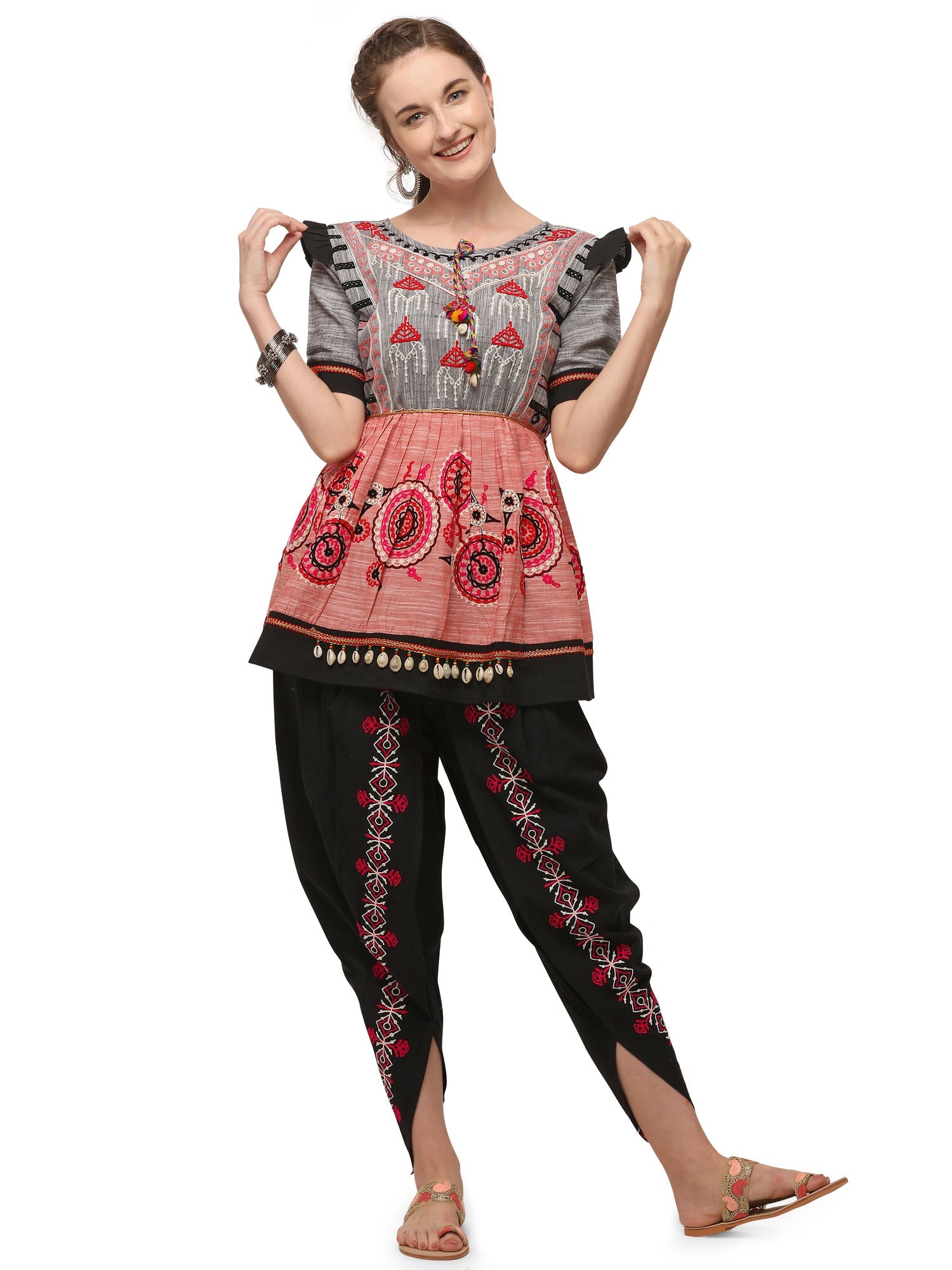 Peach and grey yoke tiny chandilier embroidered Handloom Cotton kedia and black tulip pants set (MF1504)