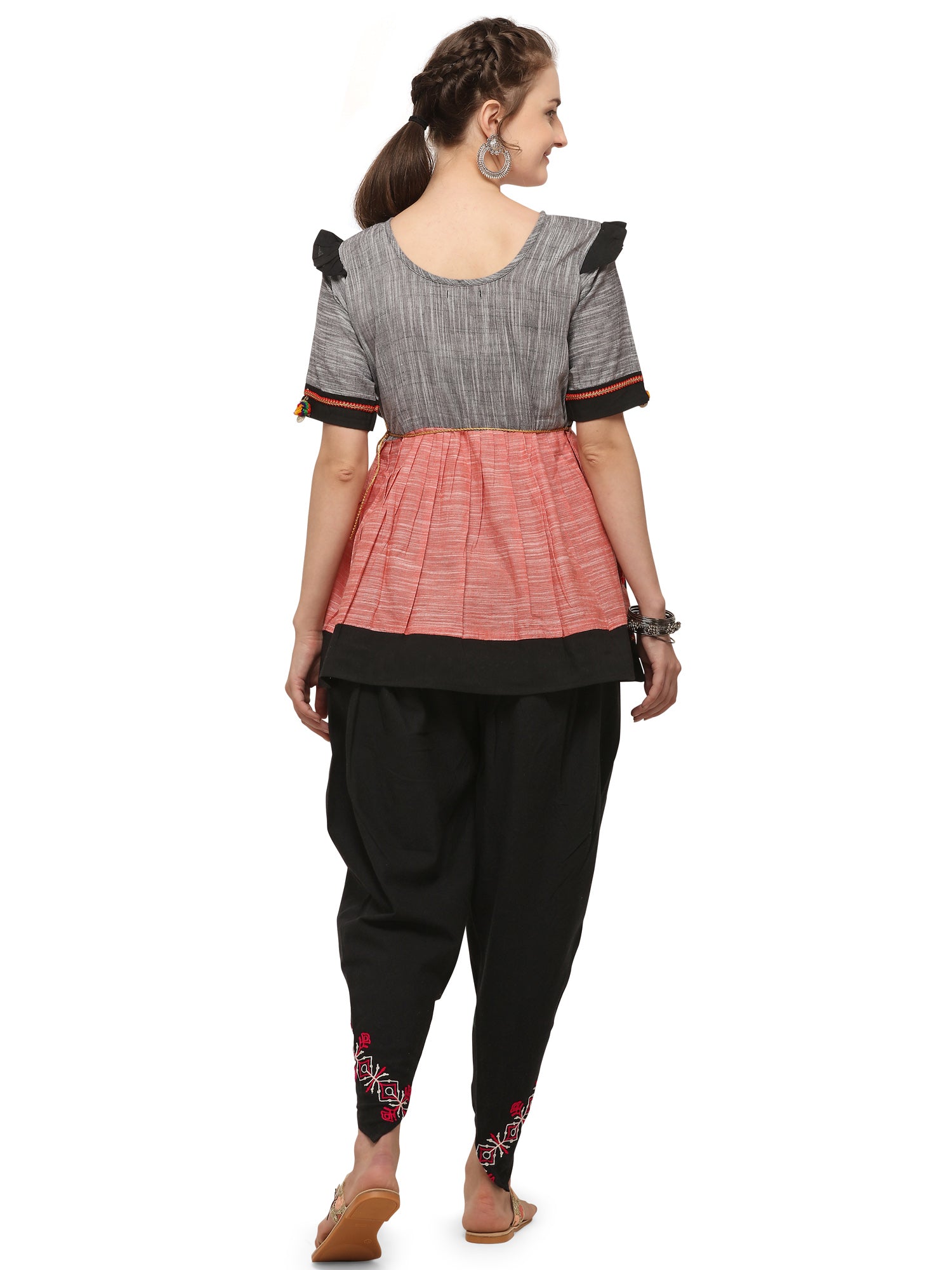 Peach and grey yoke tiny chandilier embroidered Handloom Cotton kedia and black tulip pants set (MF1504)