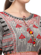 Peach and grey yoke tiny chandilier embroidered Handloom Cotton kedia and black tulip pants set (MF1504)