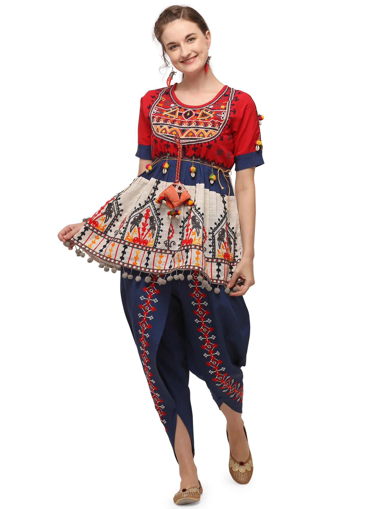 Red yoke and Parrot motif panel embroidered keida and navy blue tulip pants set (MF1505)