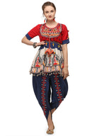 Red yoke and Parrot motif panel embroidered keida and navy blue tulip pants set (MF1505)