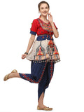 Red yoke and Parrot motif panel embroidered keida and navy blue tulip pants set (MF1505)