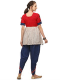 Red yoke and Parrot motif panel embroidered keida and navy blue tulip pants set (MF1505)