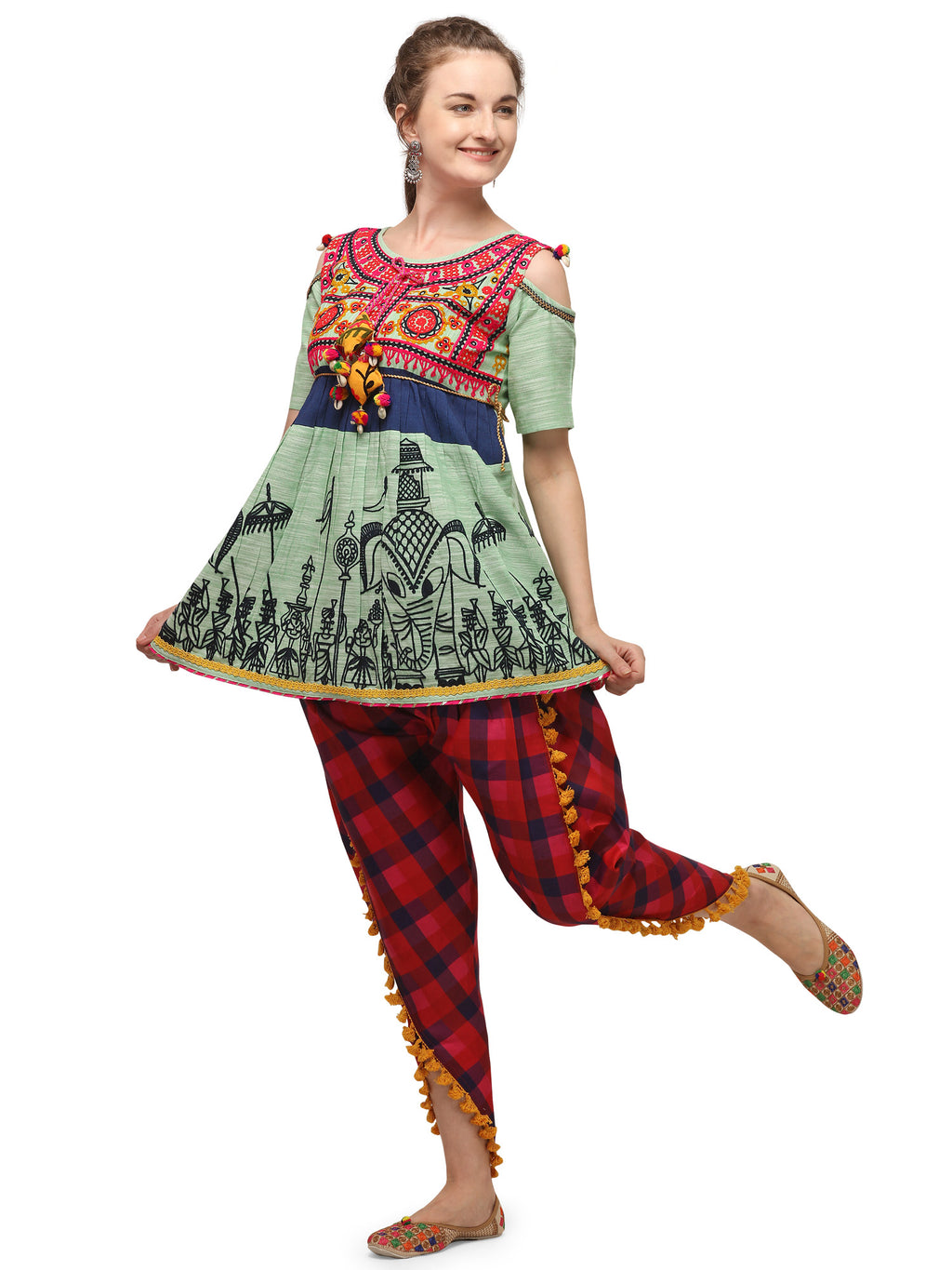 Parrot Green Elephant Embroidered yoke colorful kedia and pink chex tulip pants (MF1507)