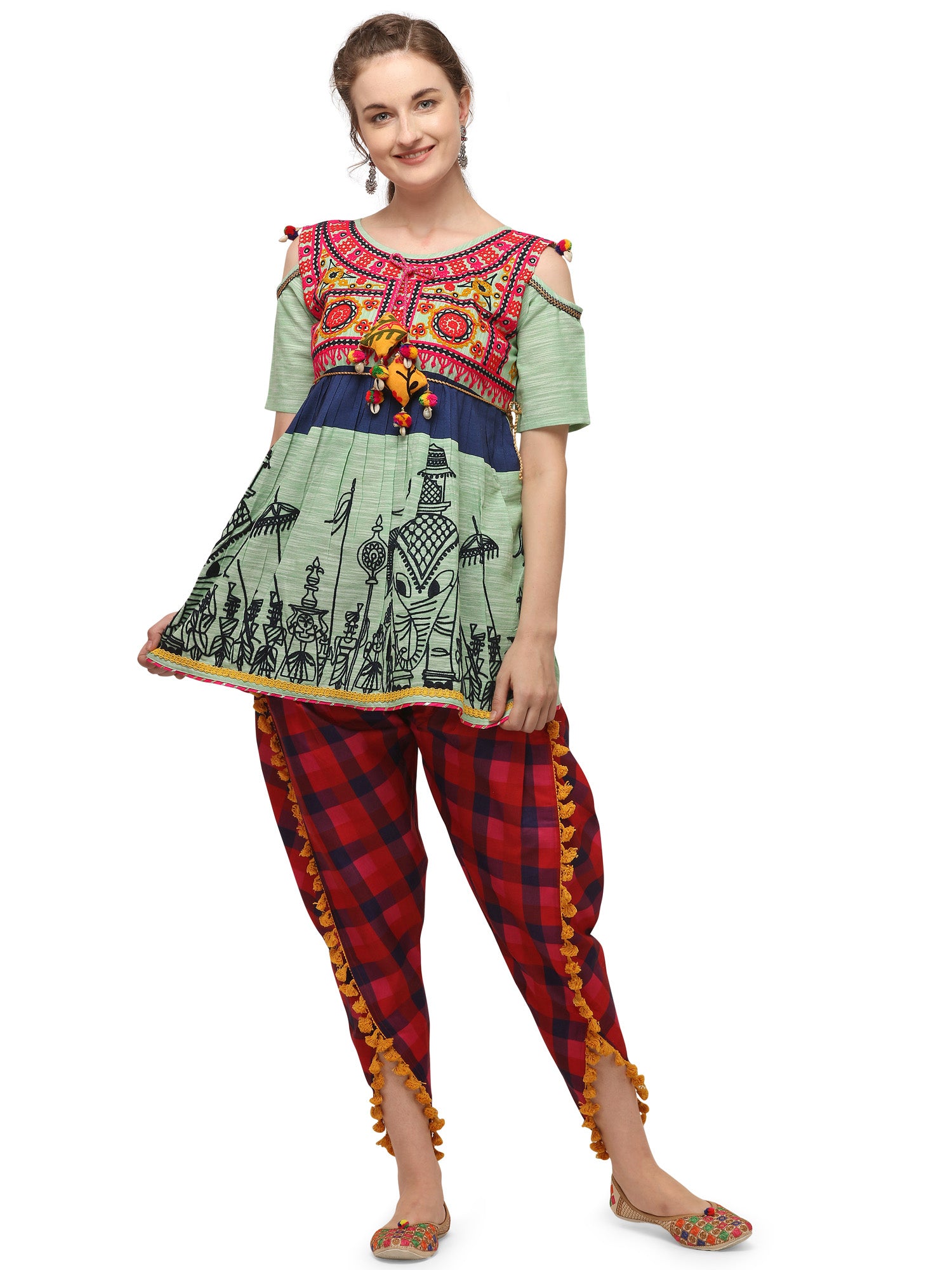 Parrot Green Elephant Embroidered yoke colorful kedia and pink chex tulip pants (MF1507)