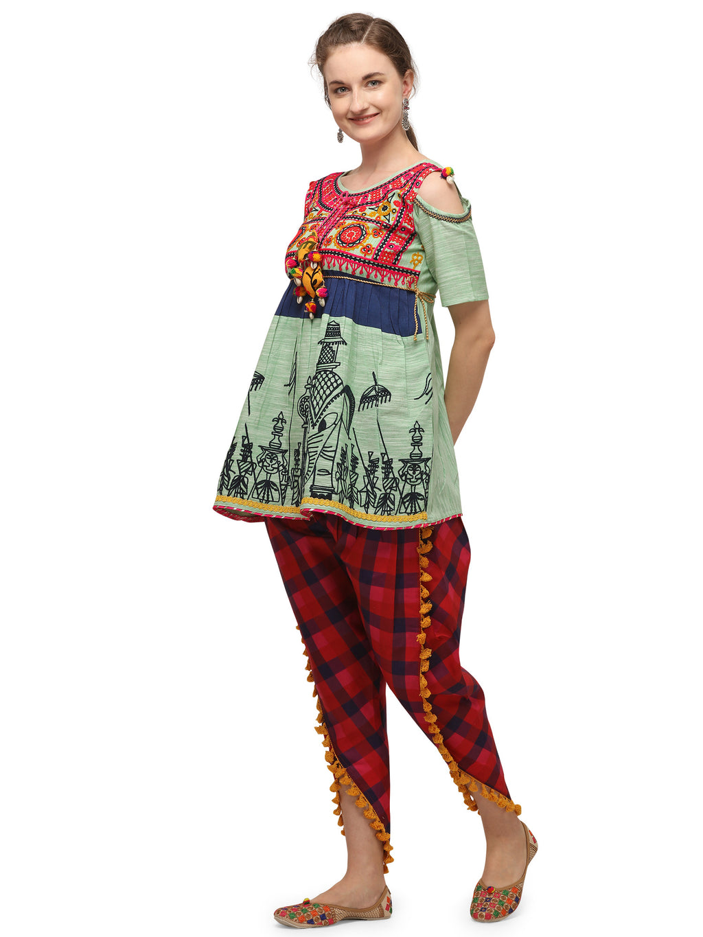 Parrot Green Elephant Embroidered yoke colorful kedia and pink chex tulip pants (MF1507)
