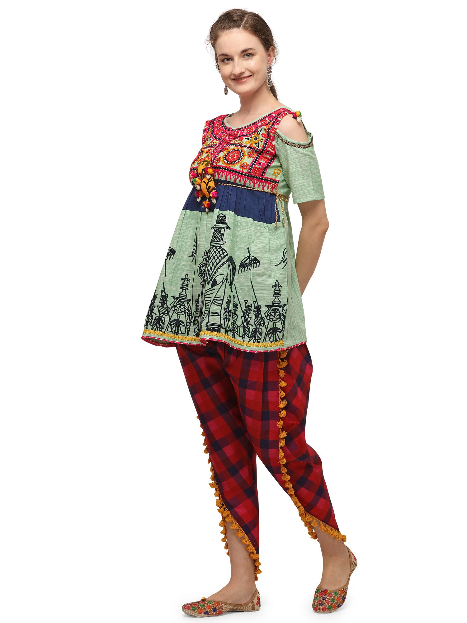 Parrot Green Elephant Embroidered yoke colorful kedia and pink chex tulip pants (MF1507)